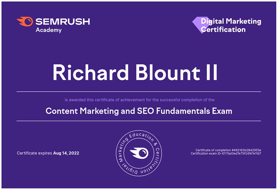 SEM Rush Content Marketing and SEO Fundamentals Certification