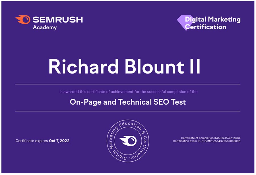 SEM Rush On-Page and Technical SEO Certification