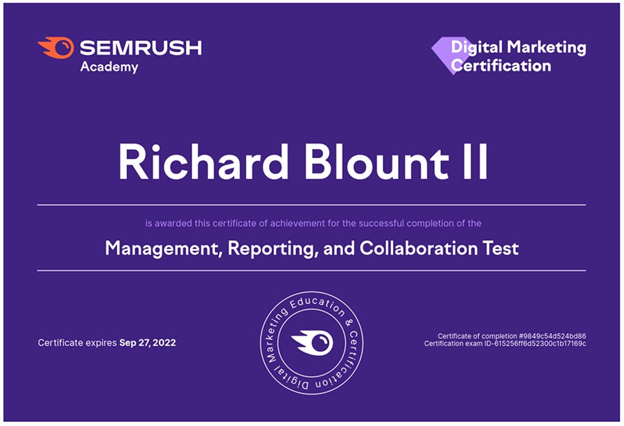 SEM Rush SEO Management, Reporting, Collaboration Certification